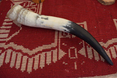 A drinking horn rests on a red patterned rug.