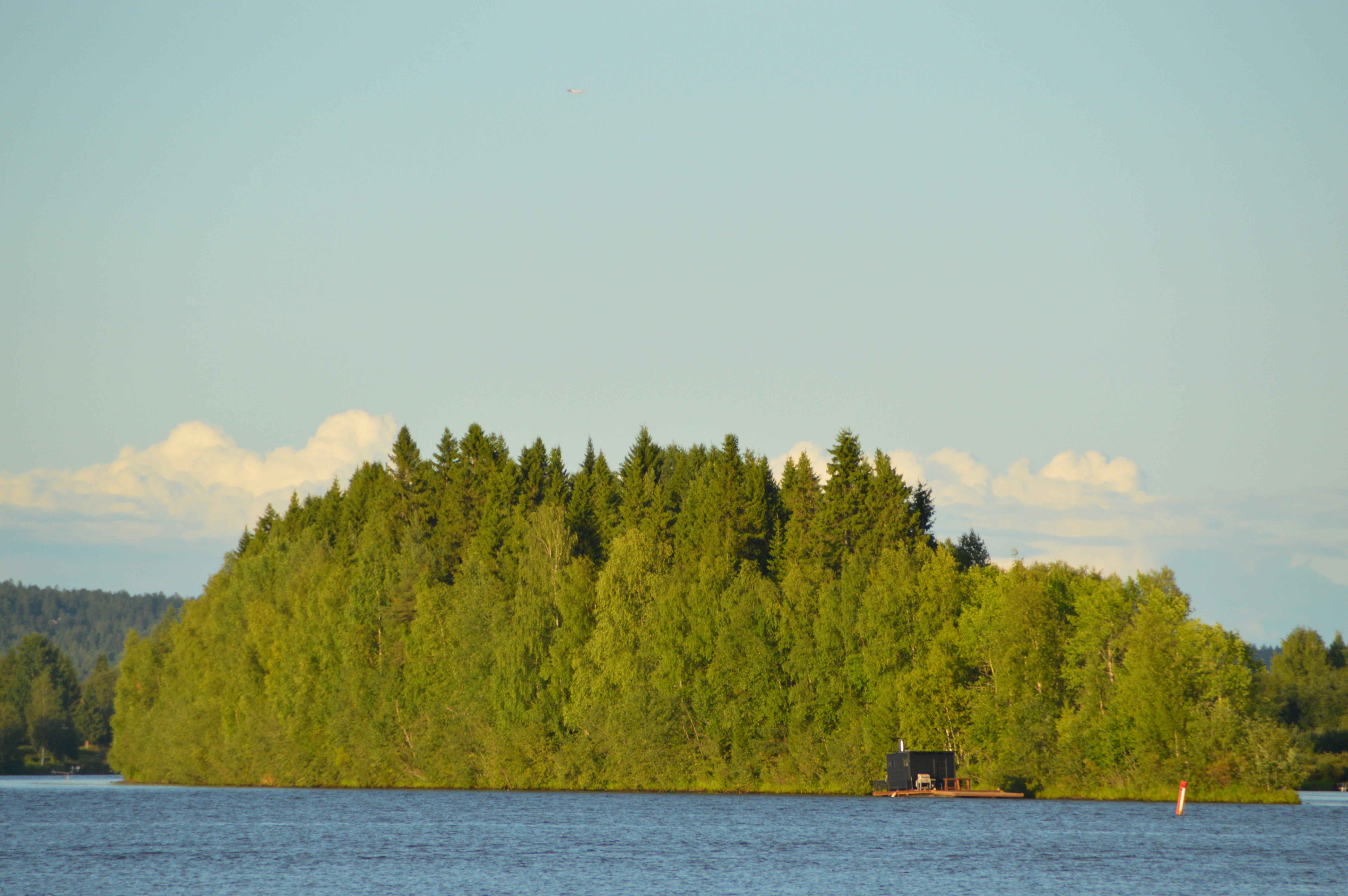 A small, tree-covered island on a lake. - Rovaniemi