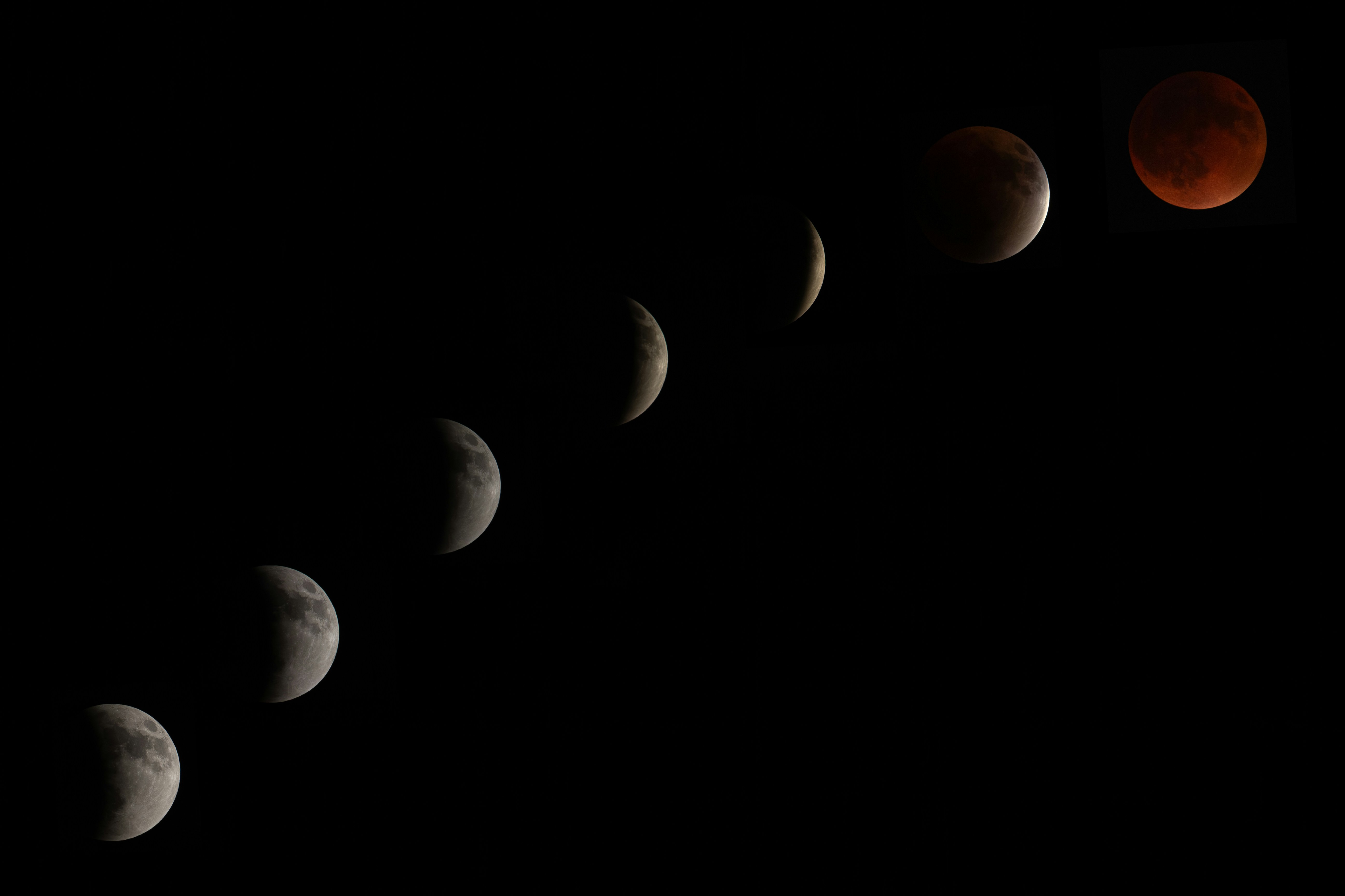 Urutan perkembangan gerhana bulan melintasi langit malam.