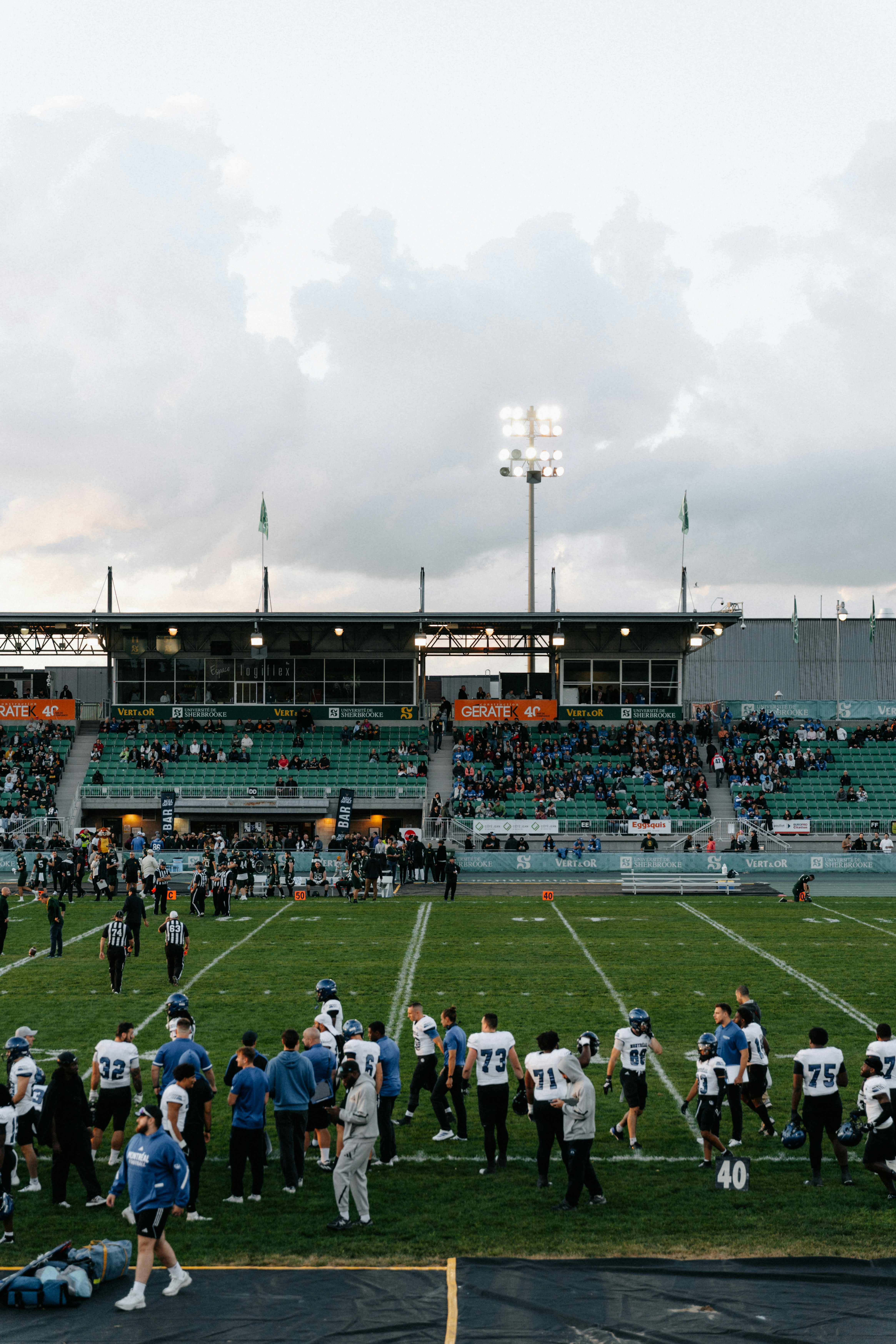 Football players on a field with a stadium crowd.