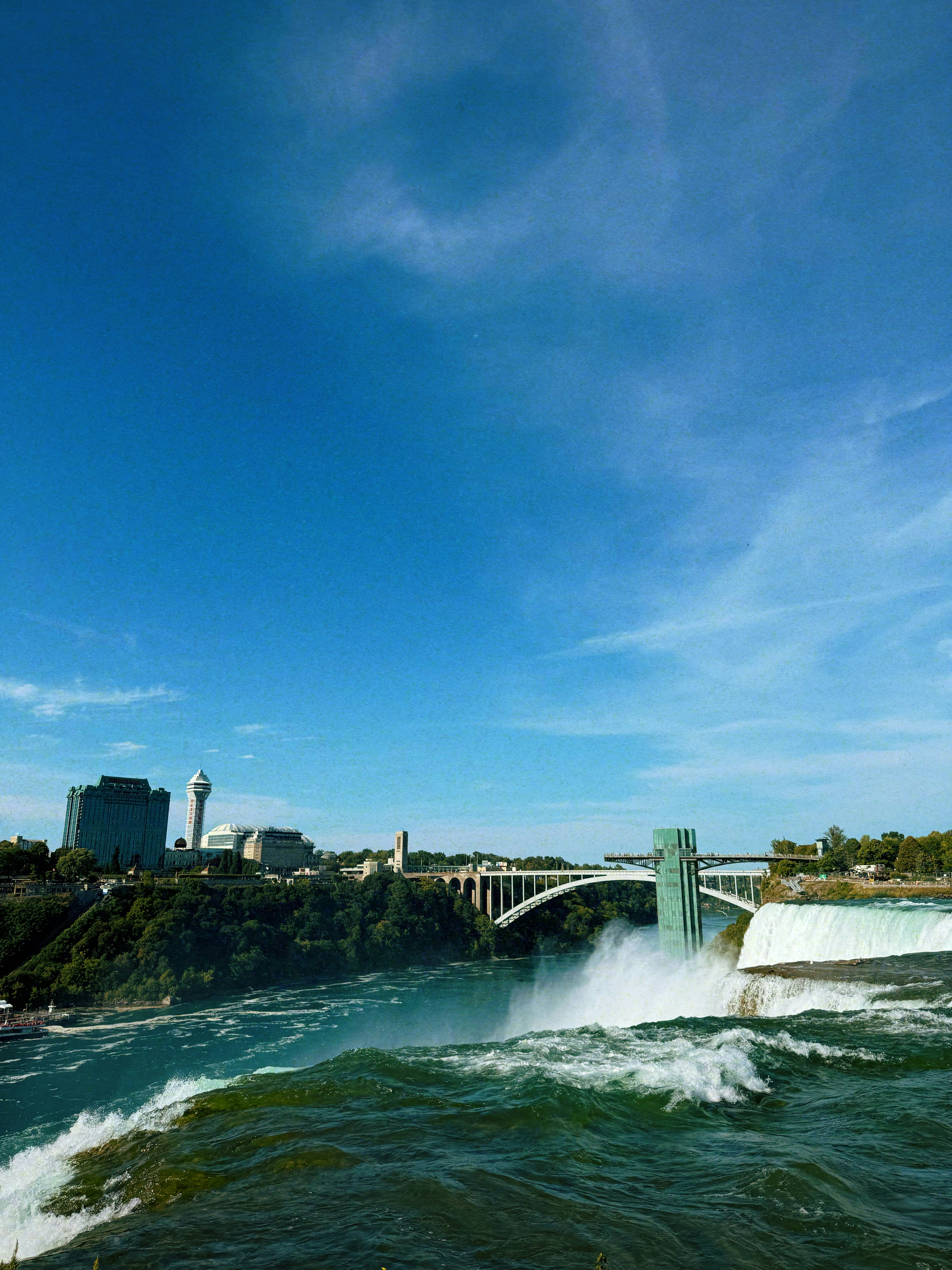 Niagara falls with a bridge and cityscape