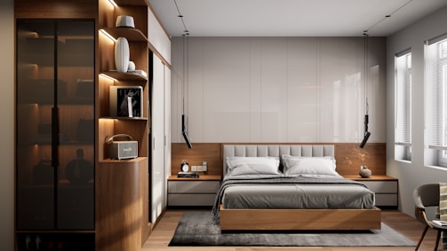 Modern bedroom with wooden accents and soft lighting.