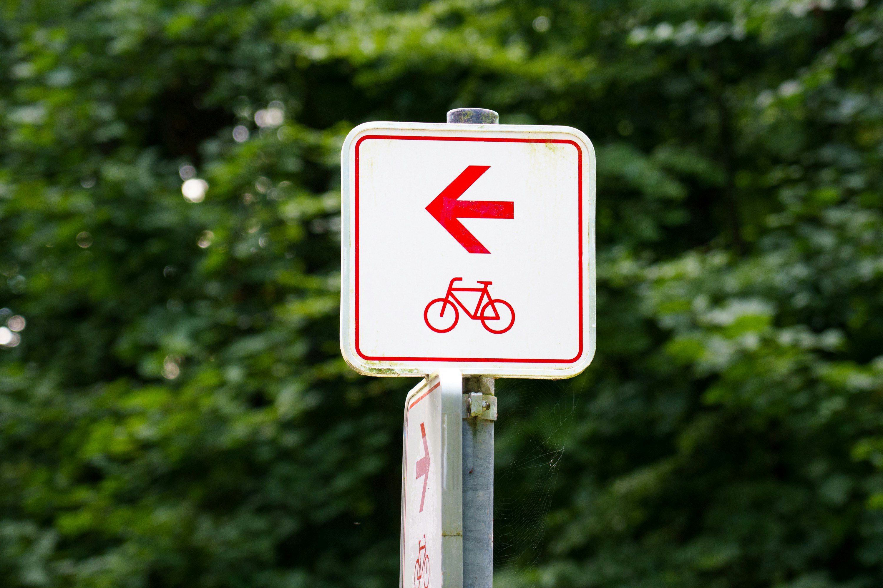 Bicycle path sign pointing left with trees