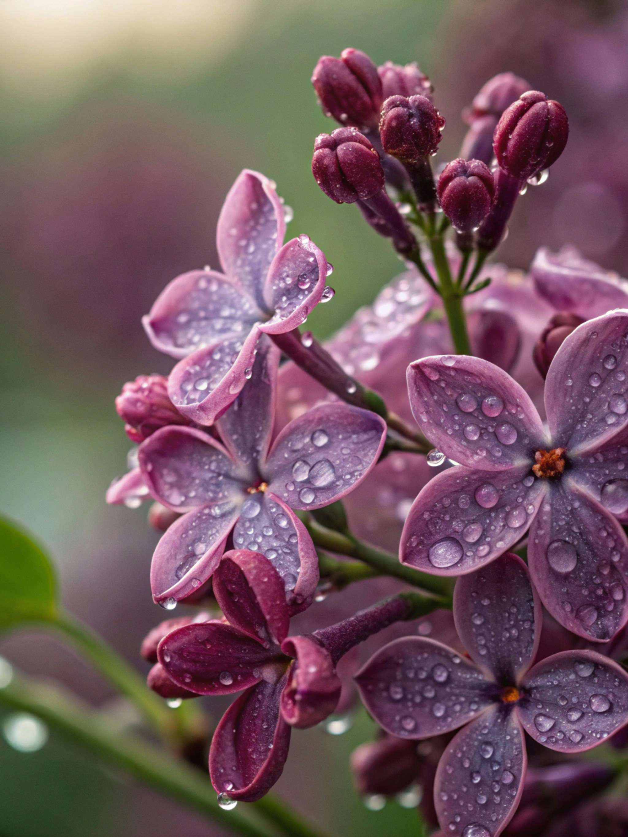 Purple lilac flowers with water droplets after rain