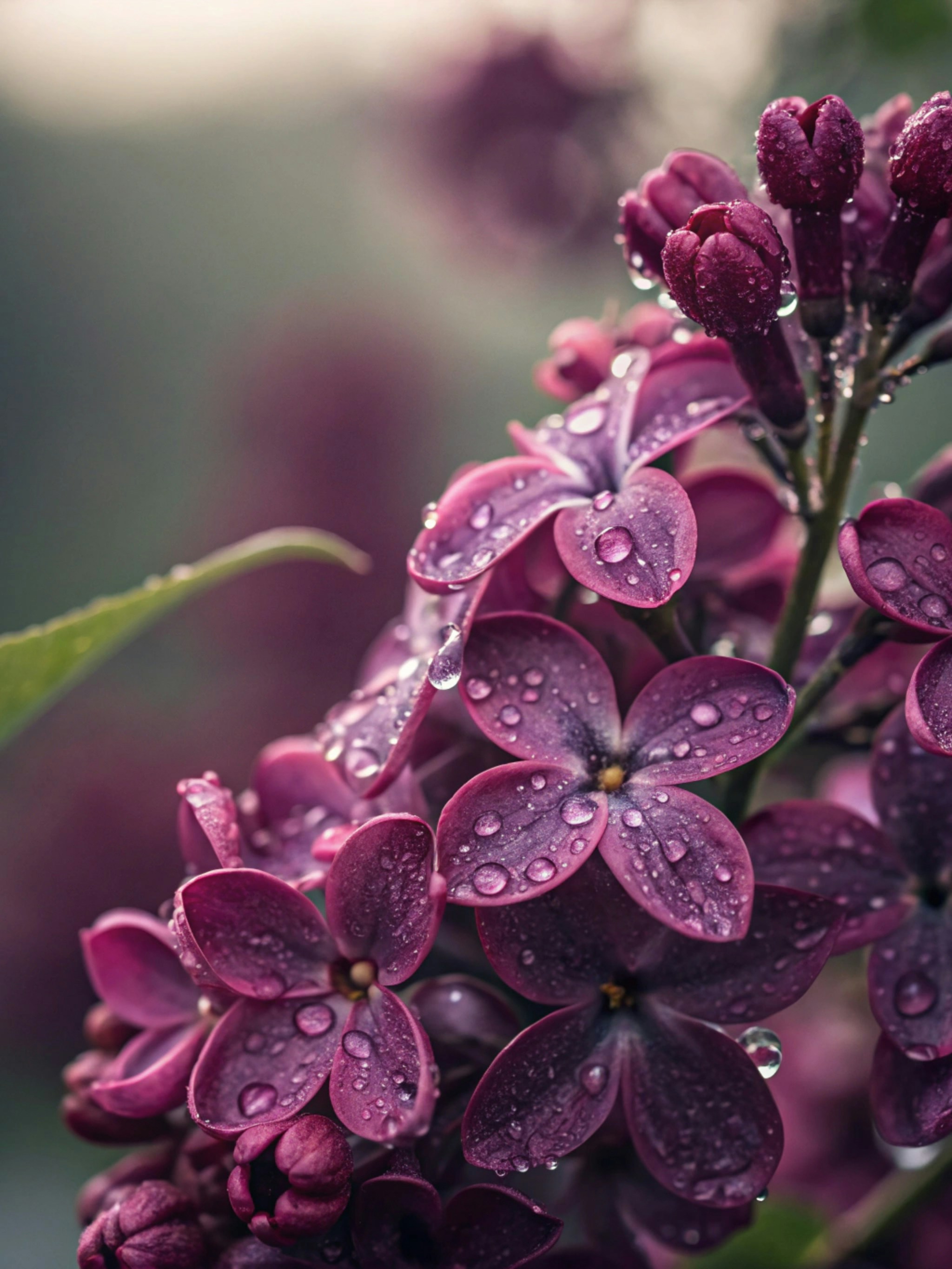 Purple lilac flowers with water droplets after rain