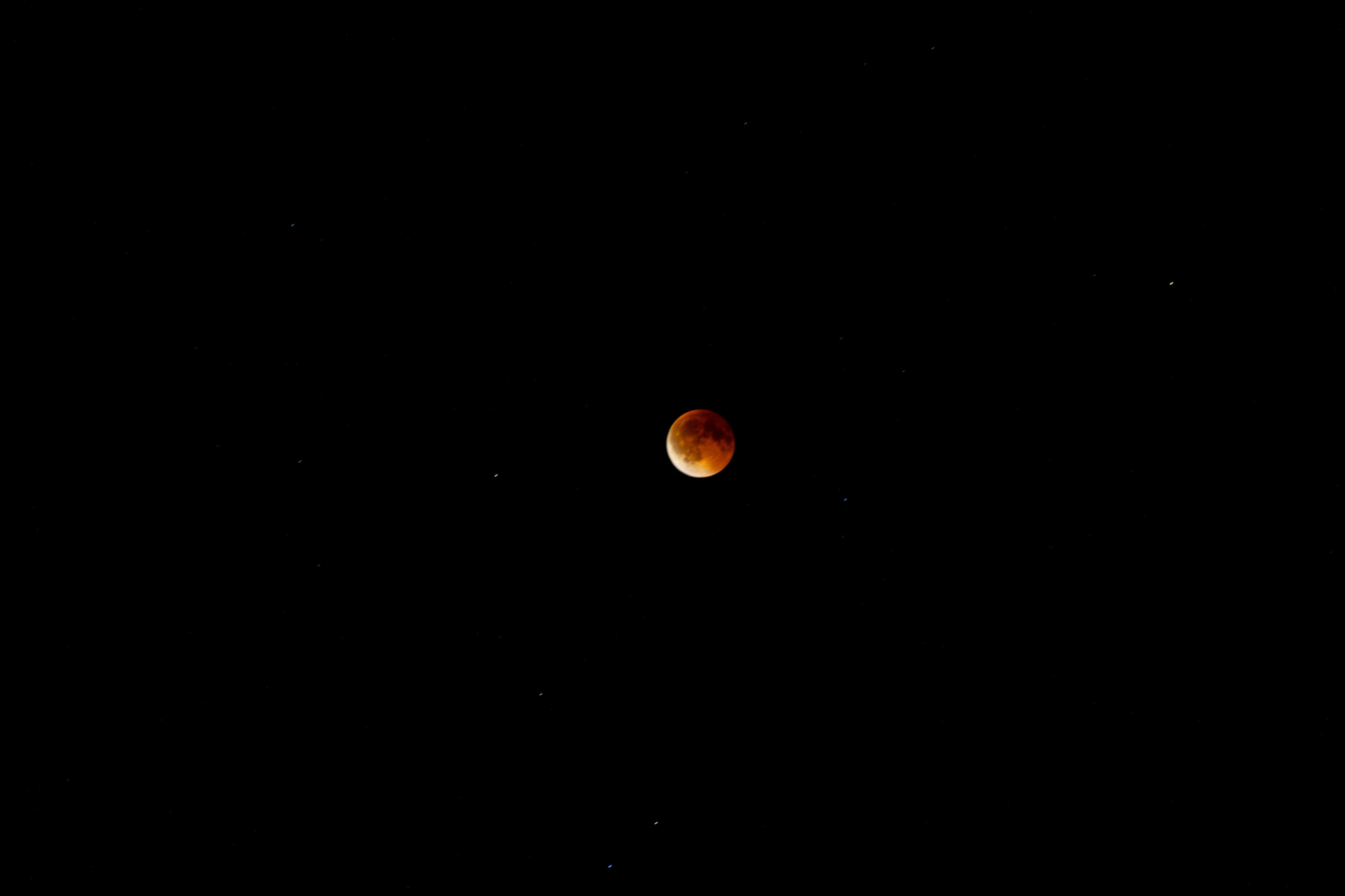 A blood moon eclipses in the dark night sky.