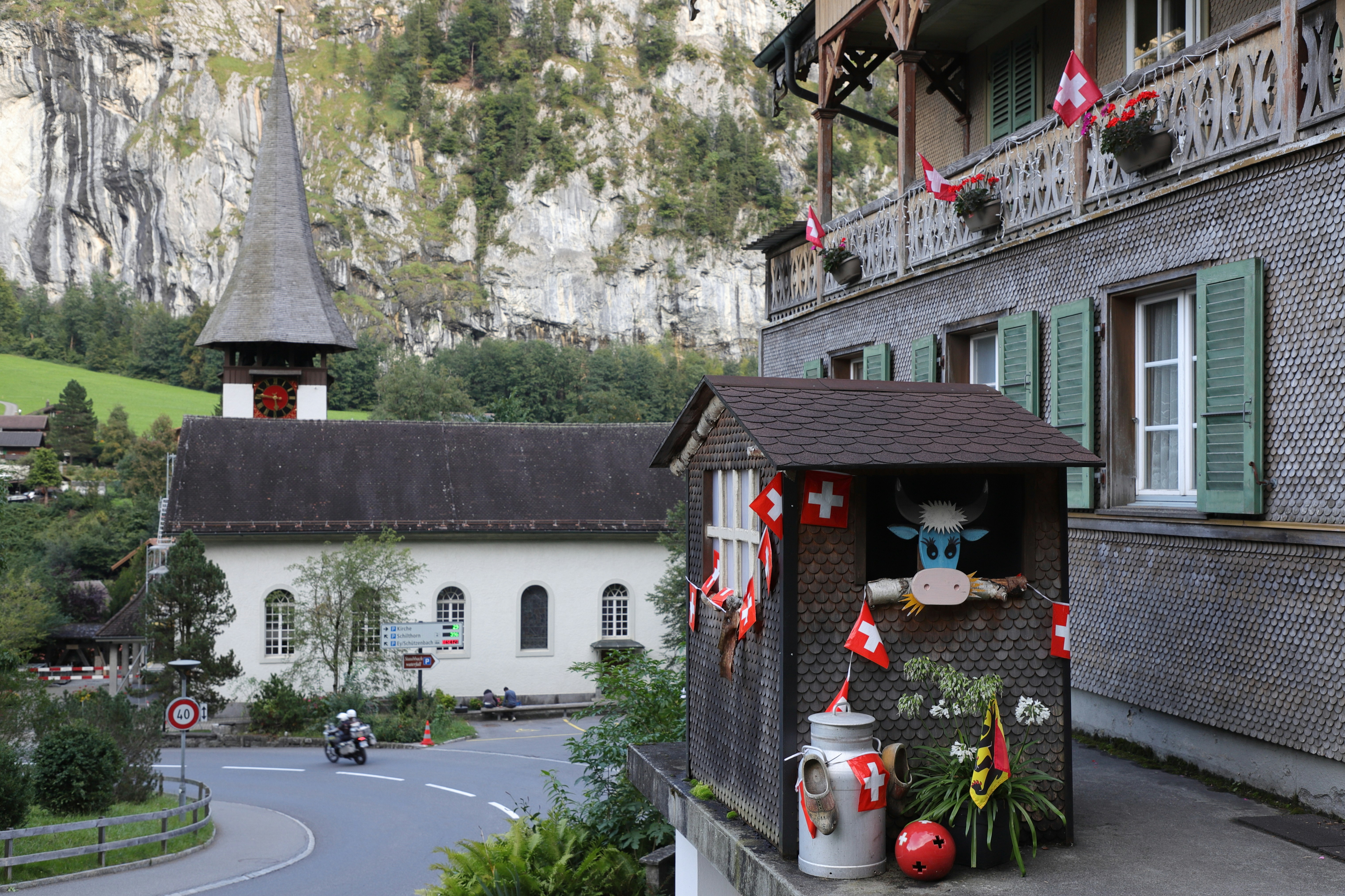 Swiss village with church and decorated building