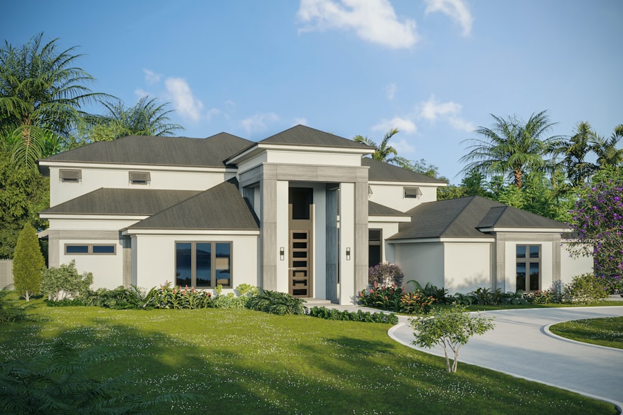 Contemporary white stucco home framed by palms near Coconut Grove village