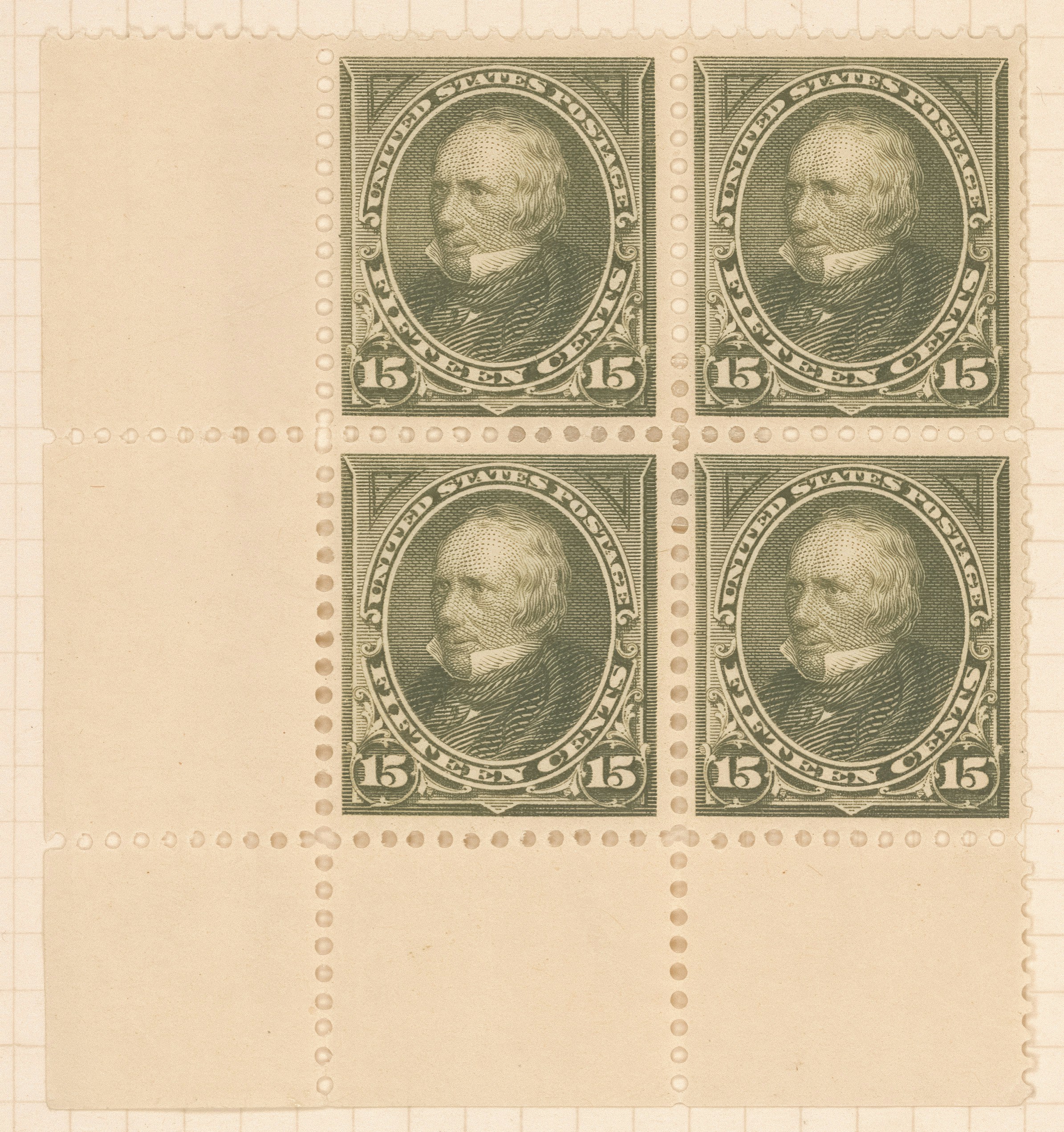 Four united states stamps with a man's portrait.