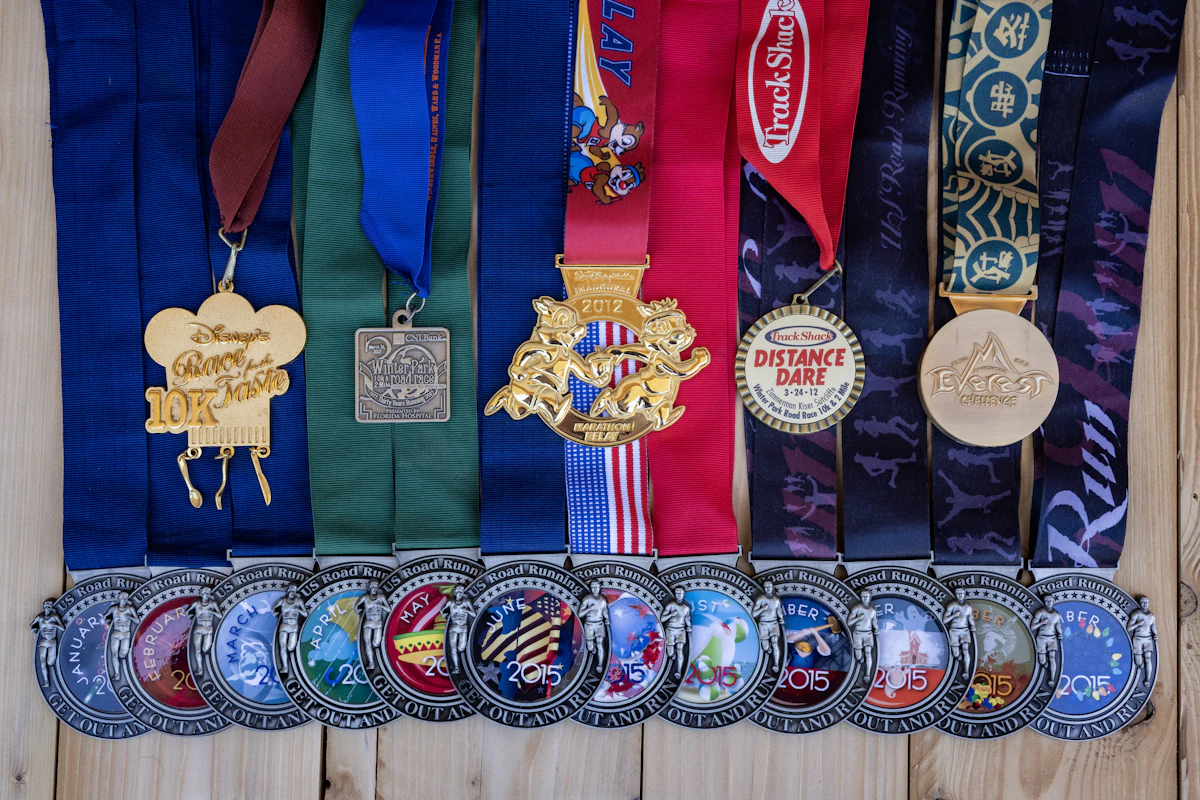Collection of running race medals