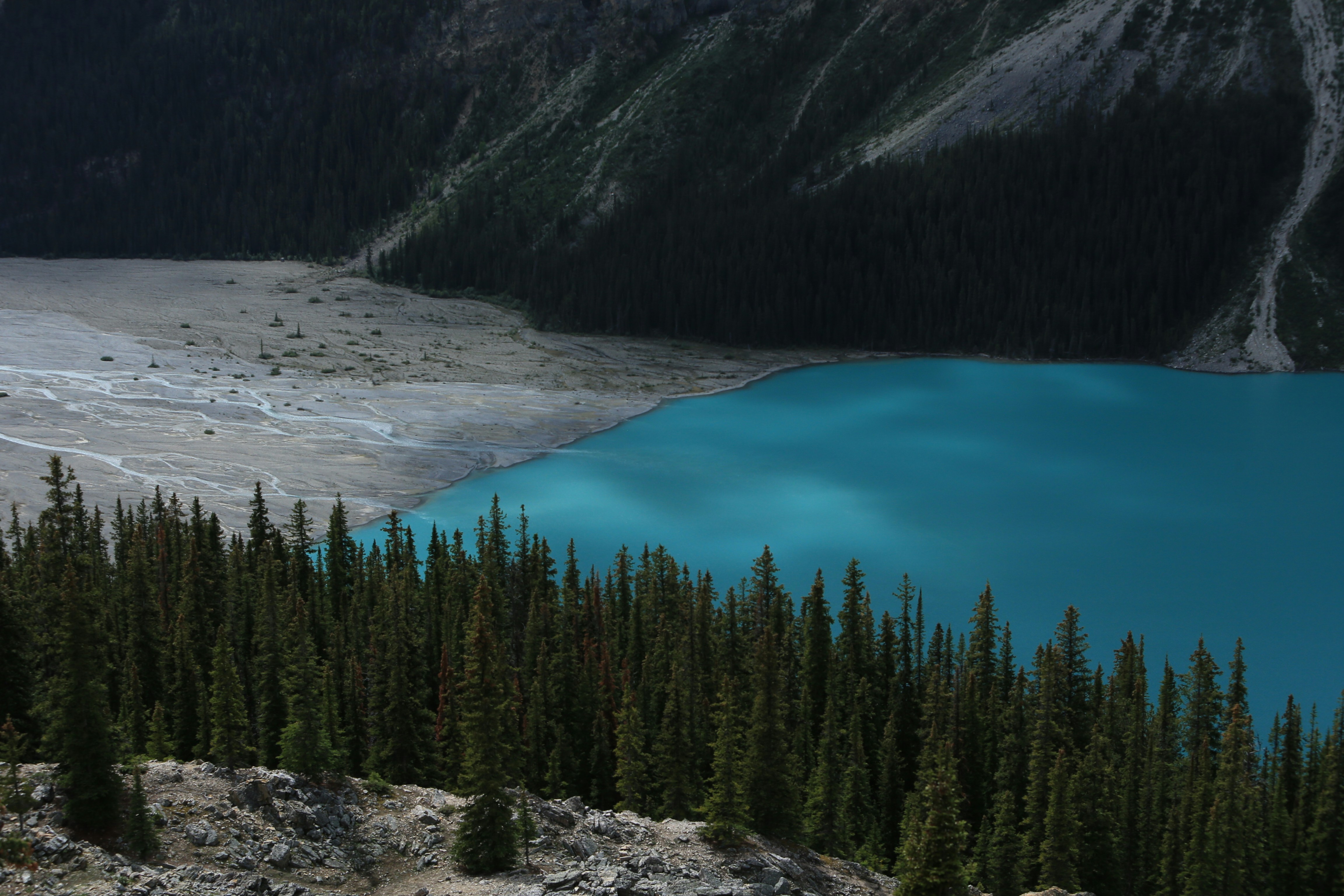 Bright turquoise lake bordered by pine forest and mountains.