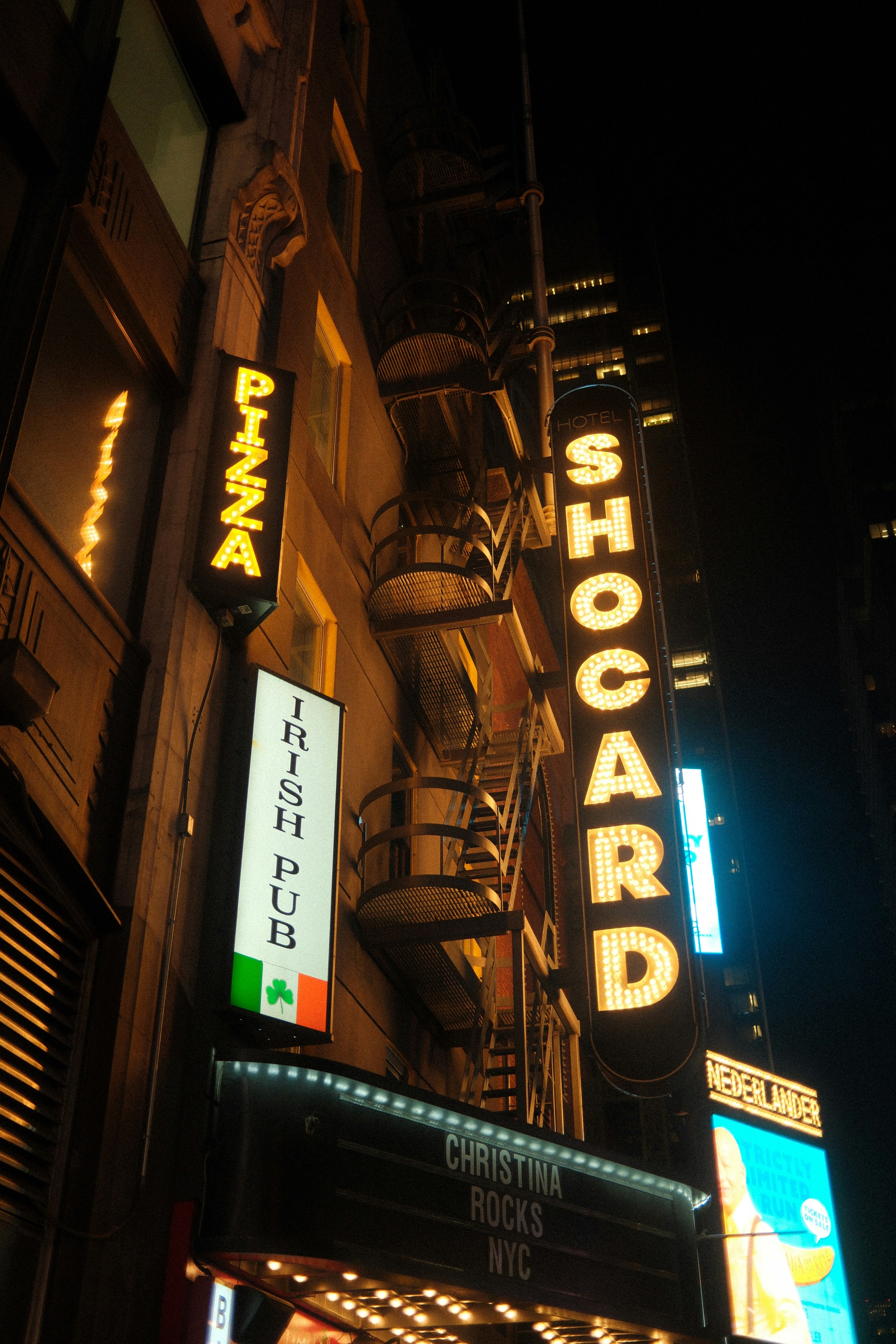Building facade at night with neon signs