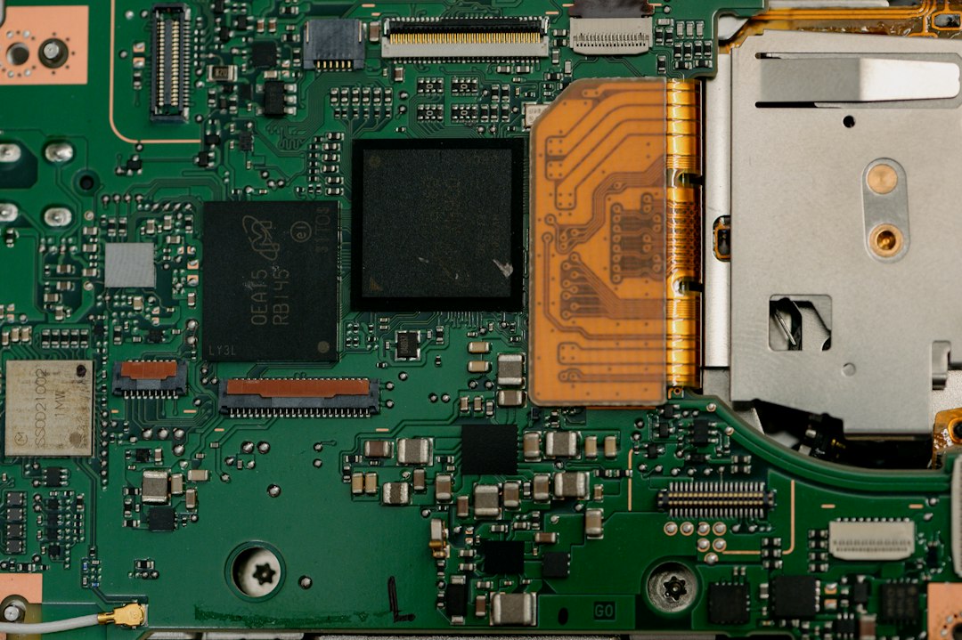 Close-up of a complex electronic circuit board with many components.