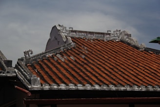 Traditional tiled roof with ornate detailing against sky