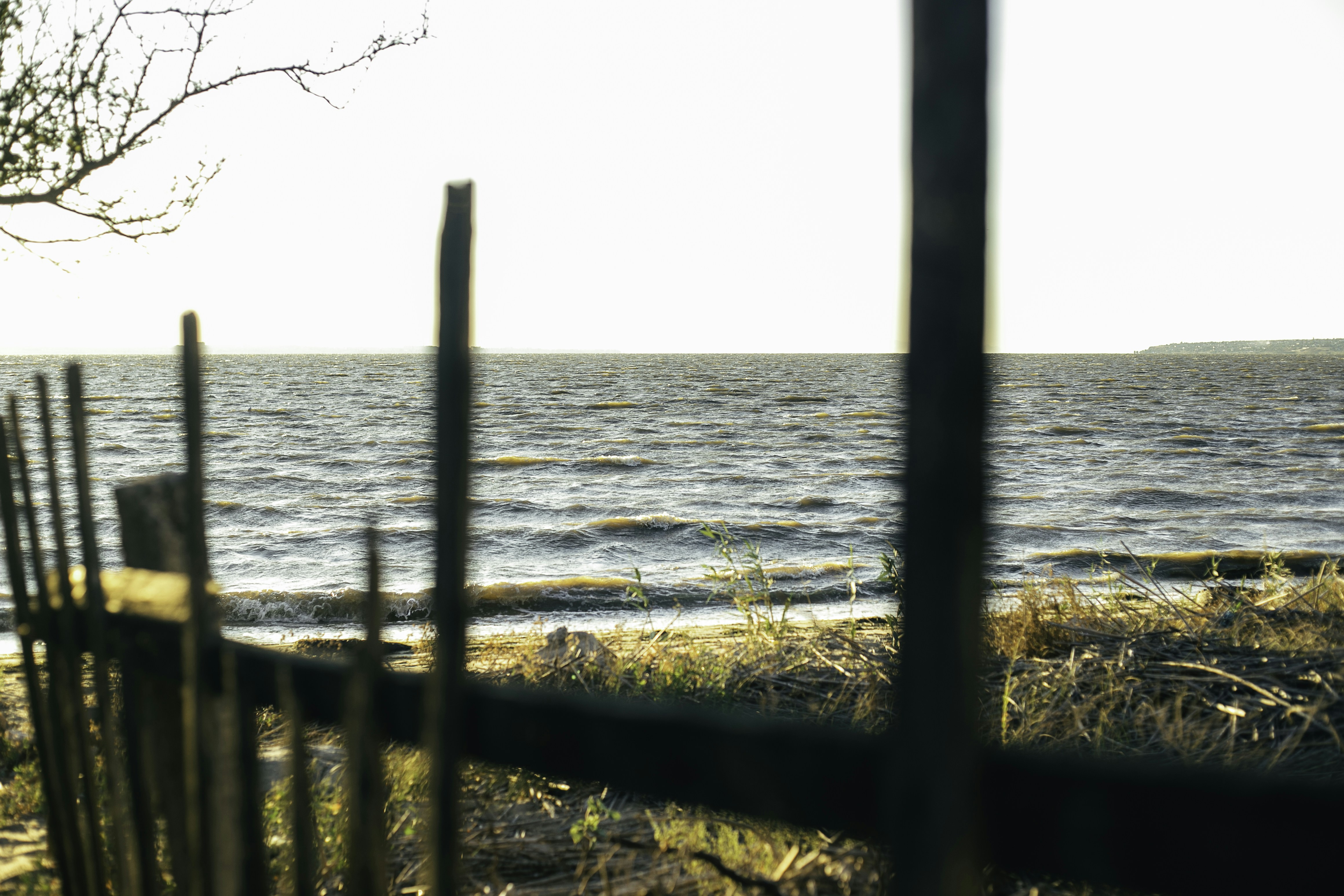 La staccionata in legno si affaccia su un oceano calmo al tramonto