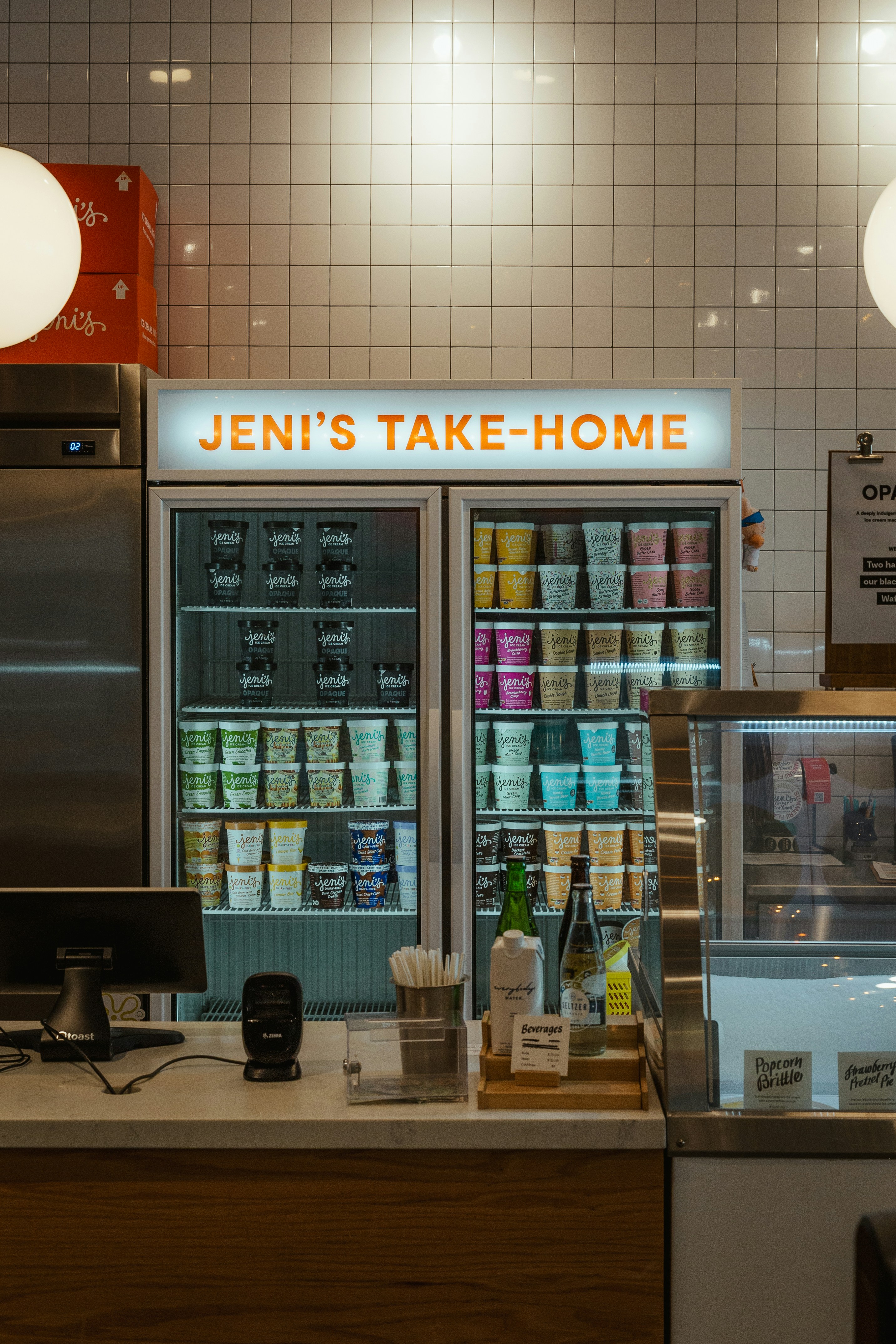 Jeni's take-home freezer stocked with ice cream pints