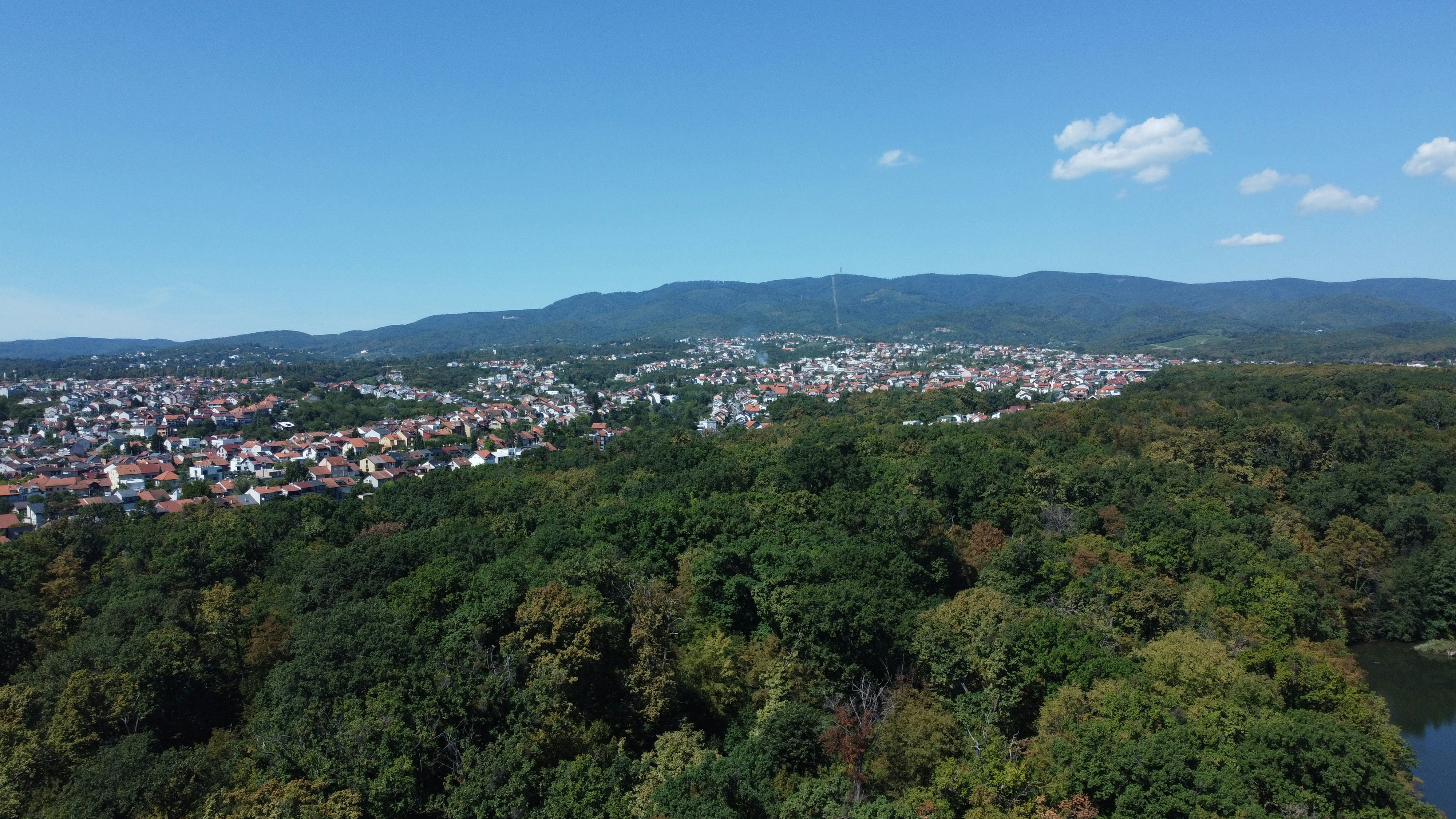 Aerial view of a city nestled beside a dense forest.