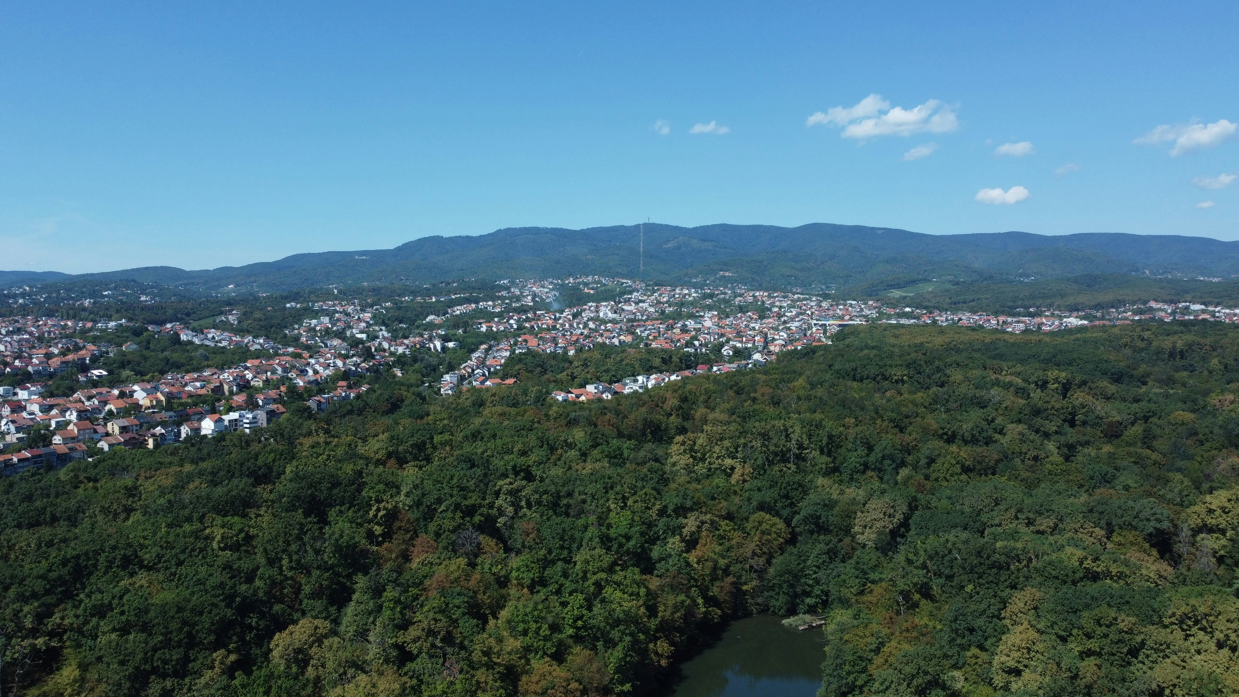 Aerial view of a city nestled beside a dense forest.