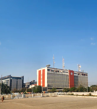 Modern buildings under a clear blue sky
