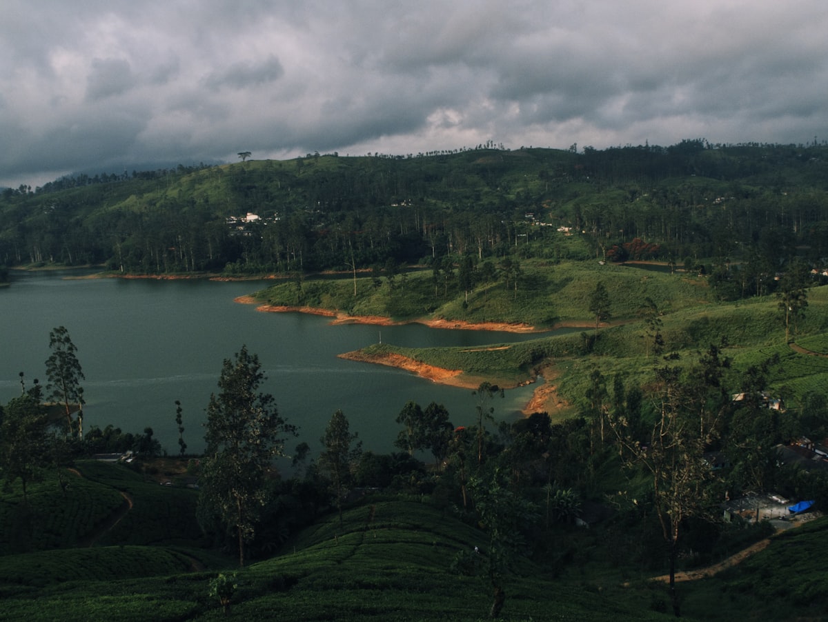 Green rolling hills with a lake under cloudy skies.