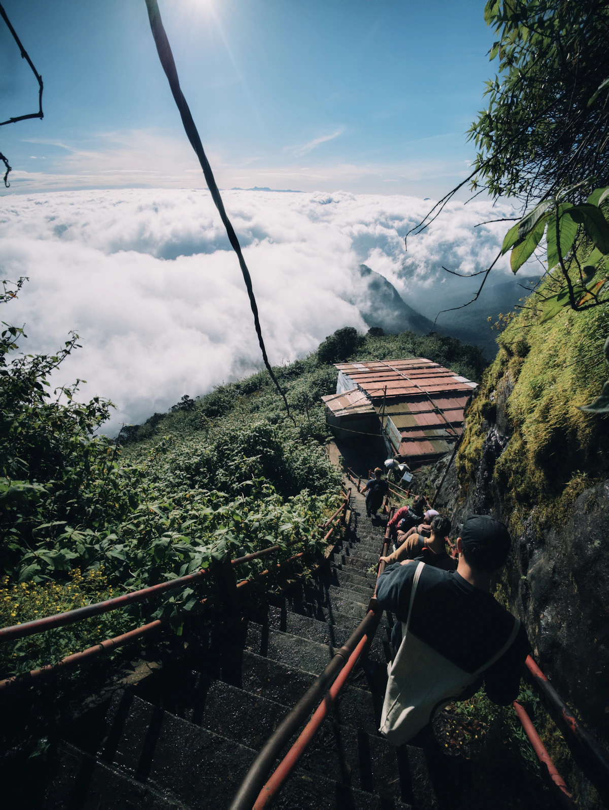 Pilgrims climbing the illuminated steps of Adam’s Peak