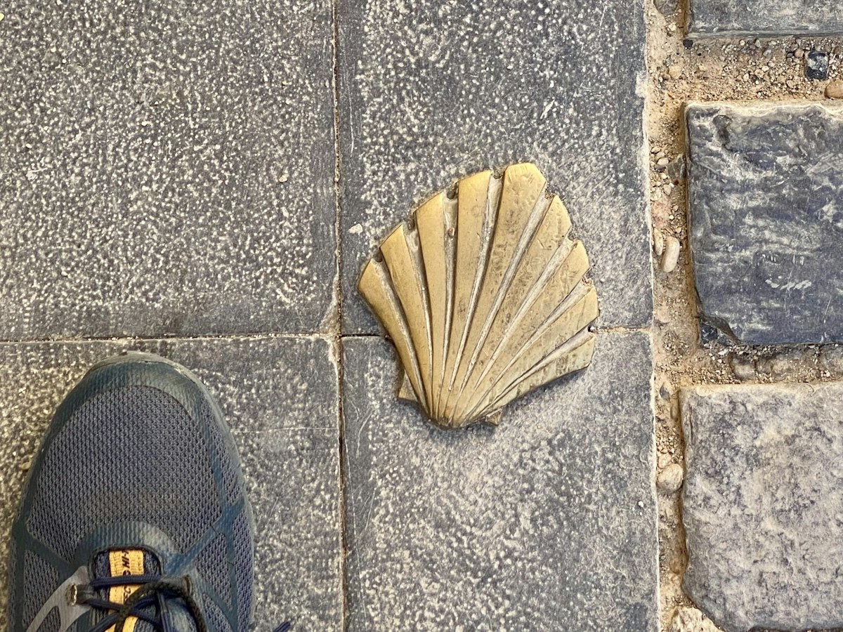 Concha del Camino en el suelo empedrado junto a un pie