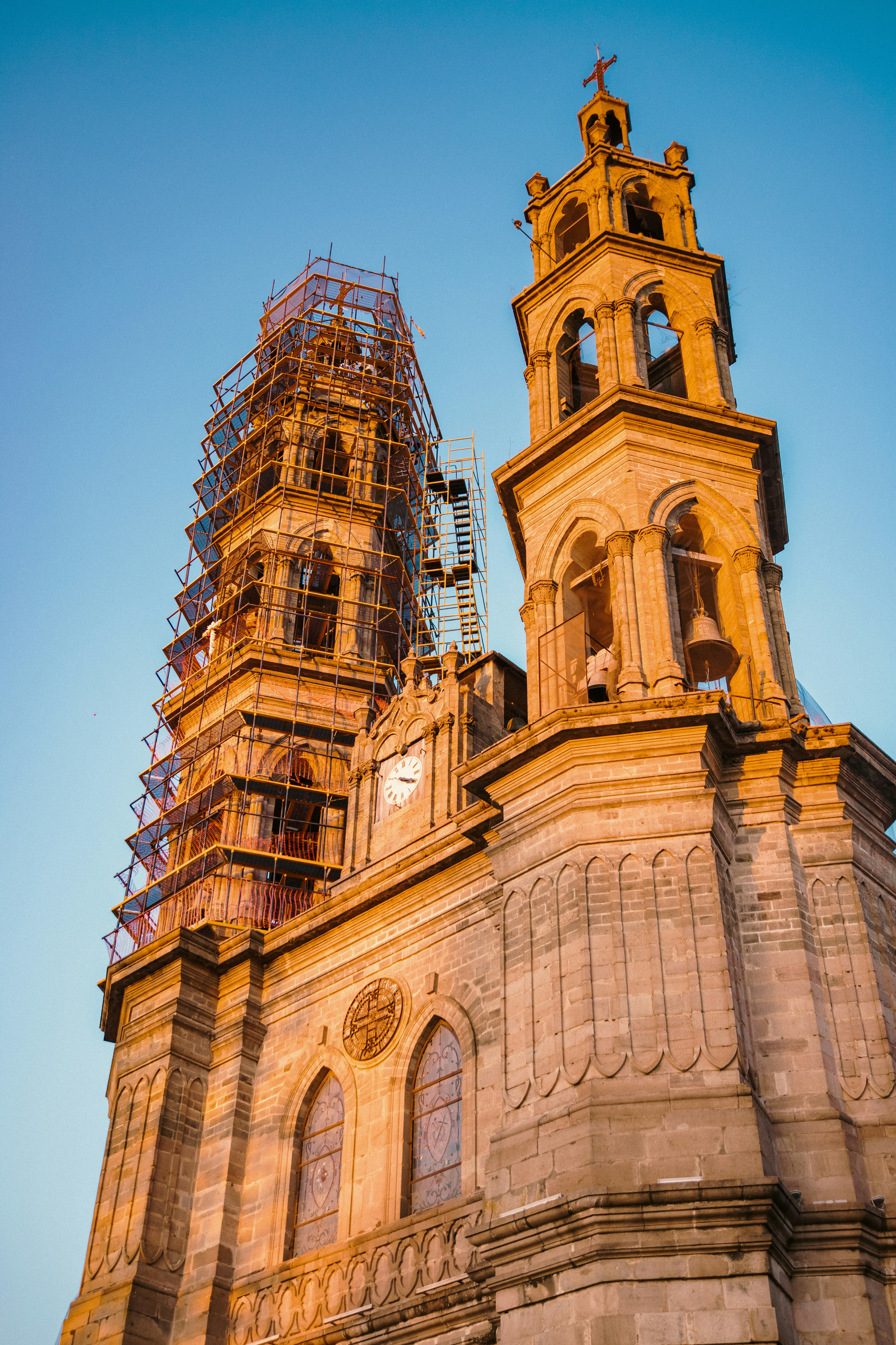 Ornate church towers under a clear blue sky