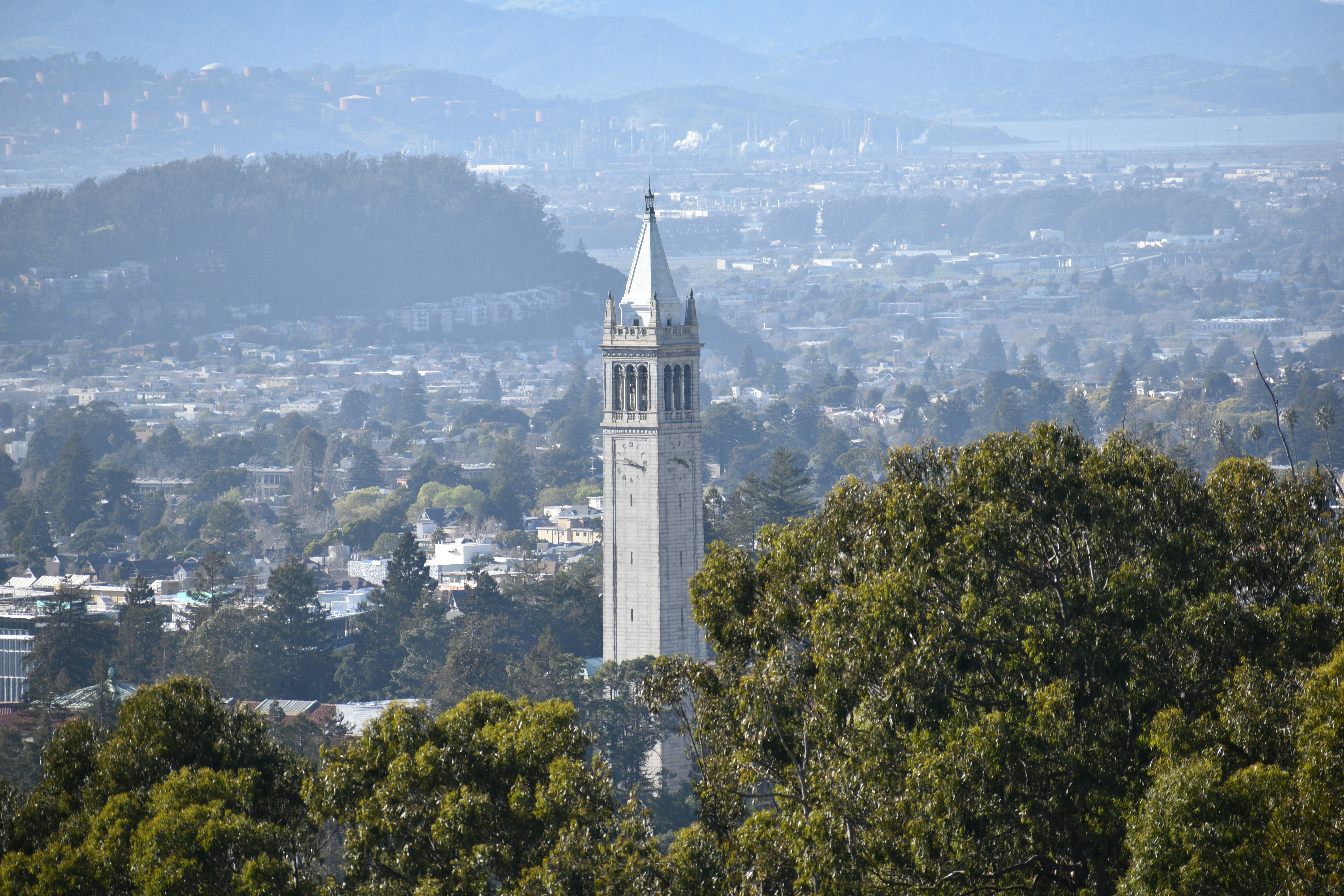 Tower with cityscape and trees in foreground