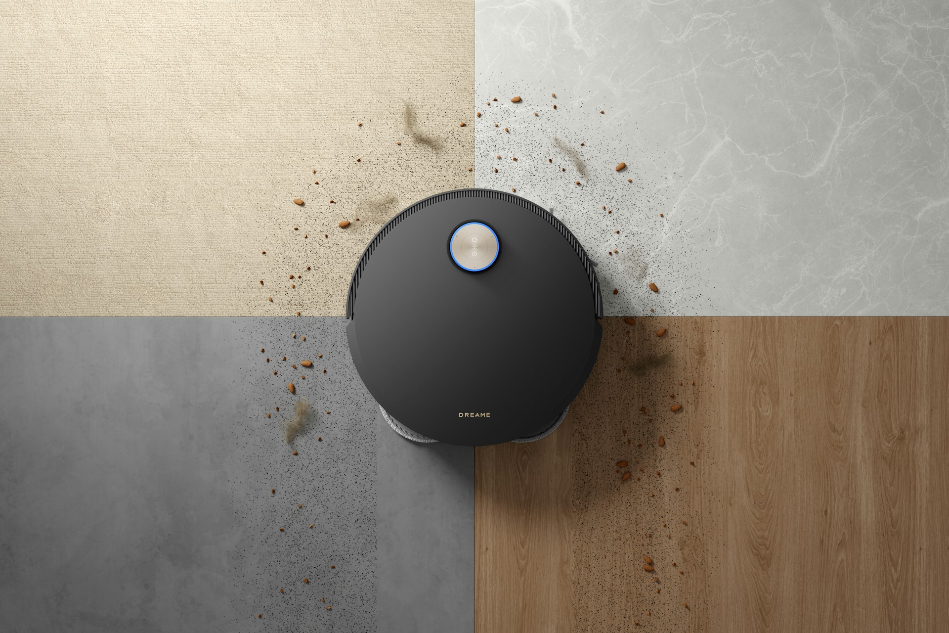 Robot vacuum cleaning scattered dirt on four surfaces
