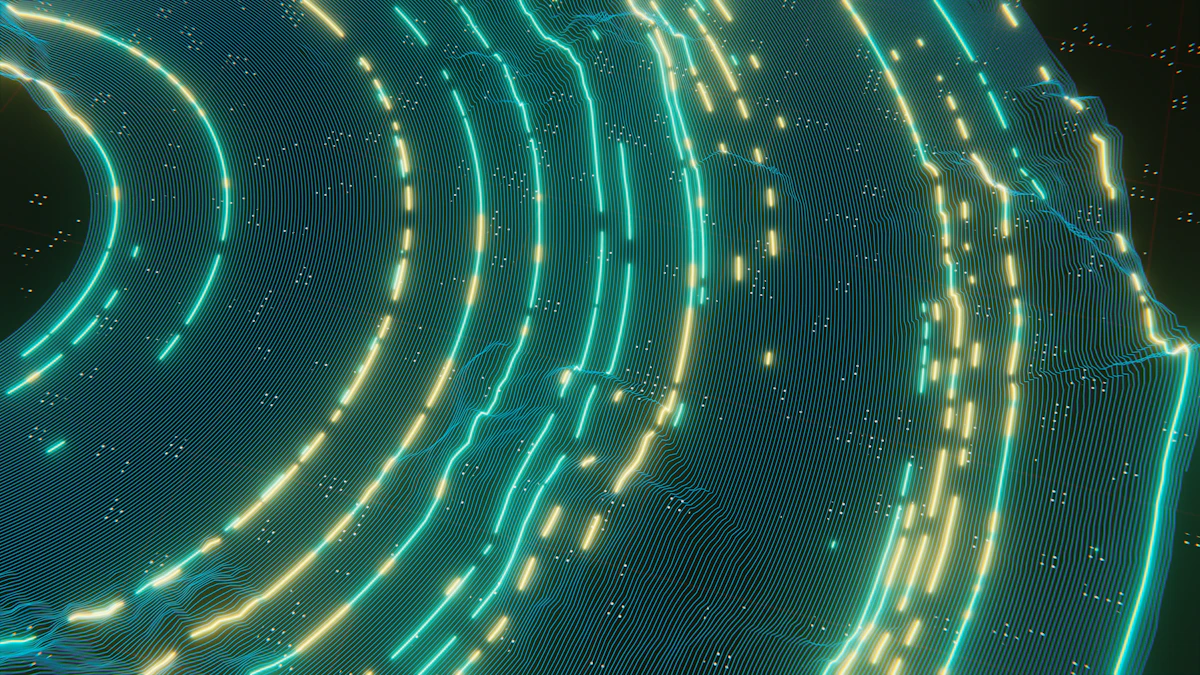 Abstract blue and yellow glowing lines on a dark background, evoking knowledge transferring from a large teacher model to a smaller student model