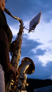 Musician plays saxophone against a cloudy evening sky.