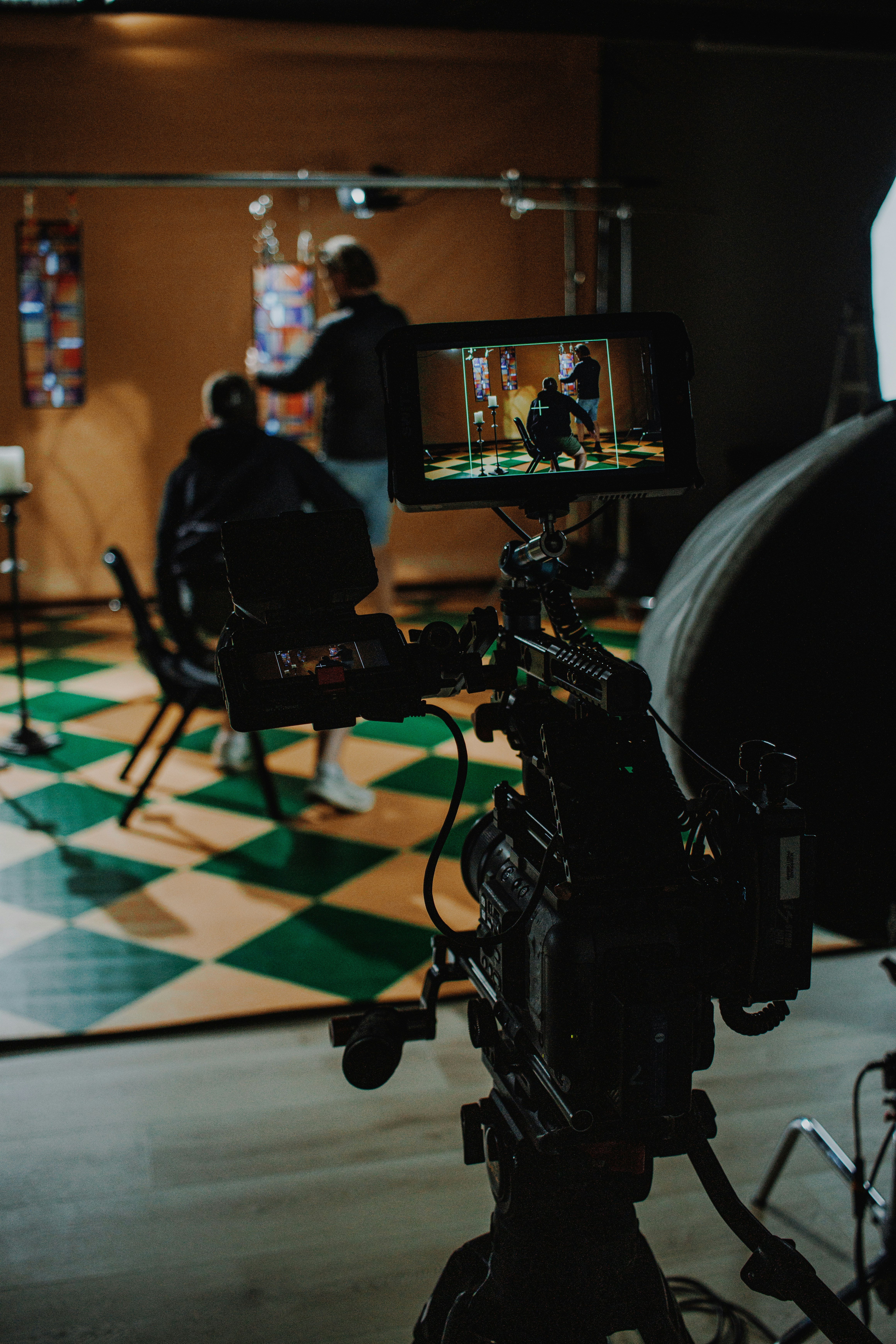 Filming a scene with a professional video camera.