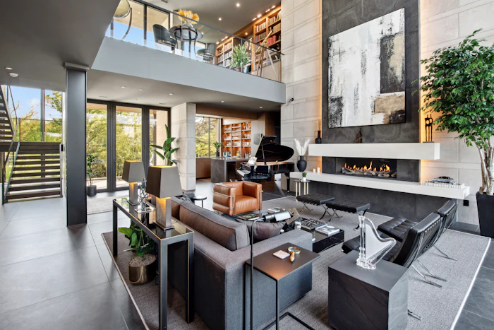 A library lounge with a grand piano