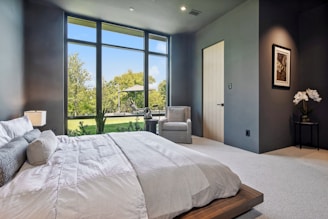Modern bedroom with large window overlooking greenery