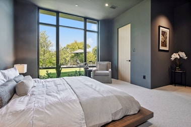 Modern bedroom with large window overlooking greenery