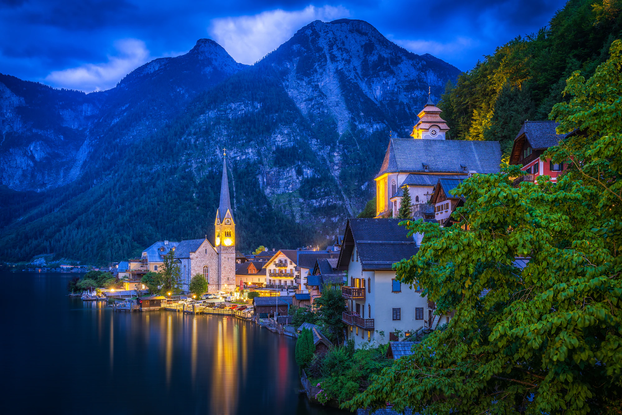 Alpine lakeside village at dusk