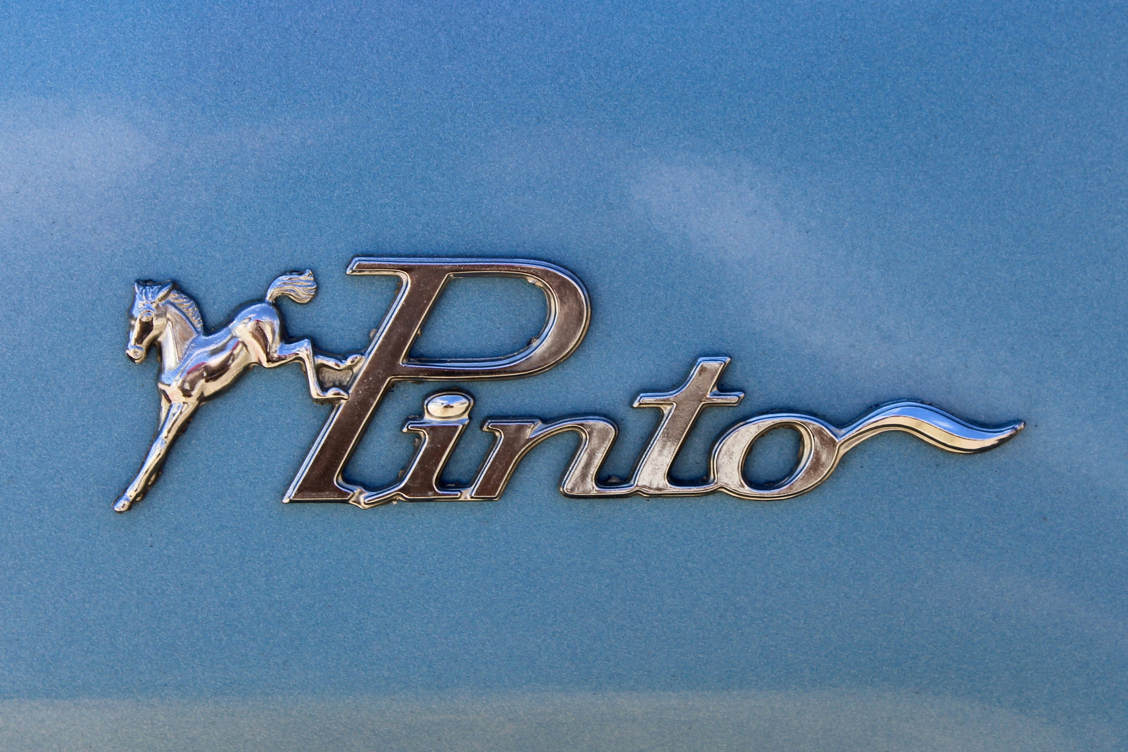Chrome pinto emblem on blue background
