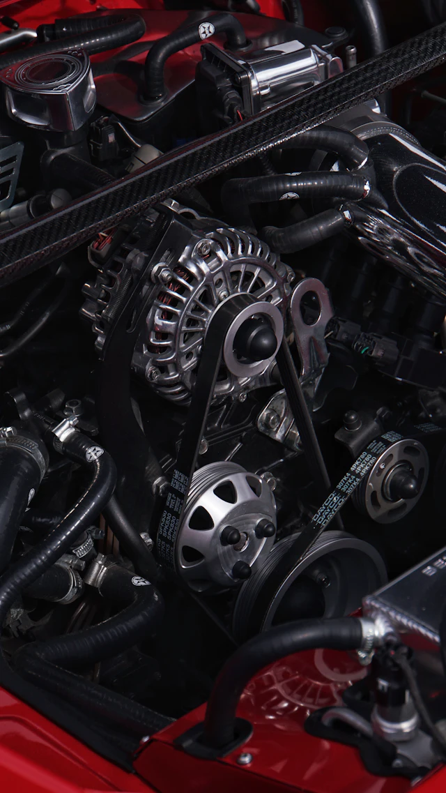 Alternatör ve kayış bulunan motor bölmesi