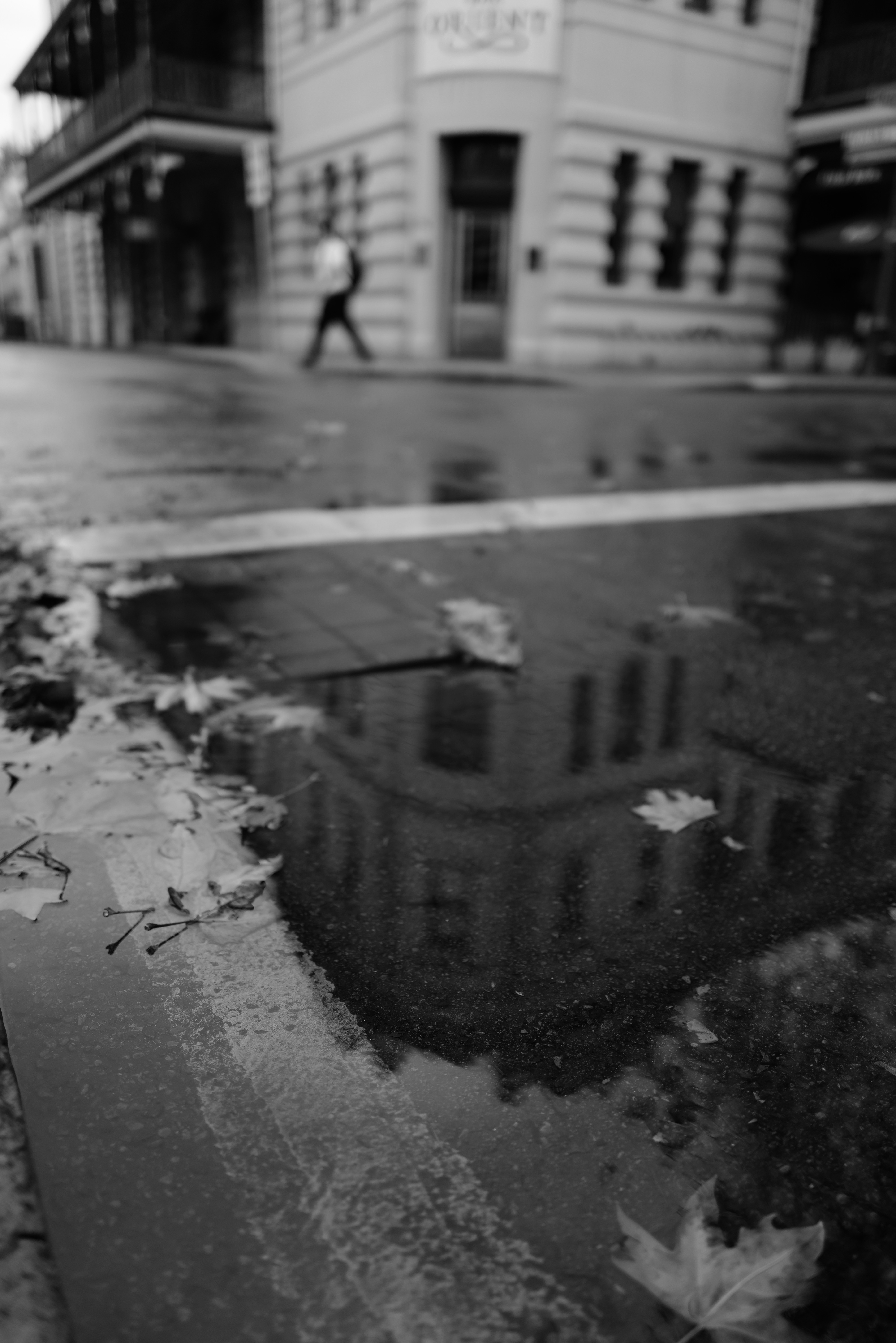 Reflection of building in a wet street puddle