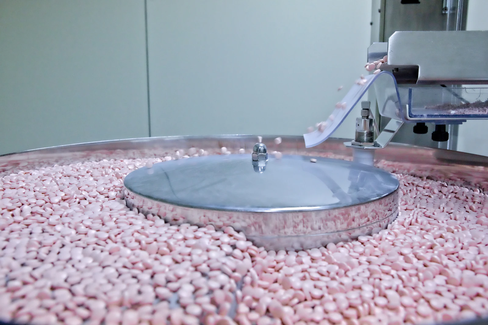 Pharmaceutical tablets on a manufacturing line