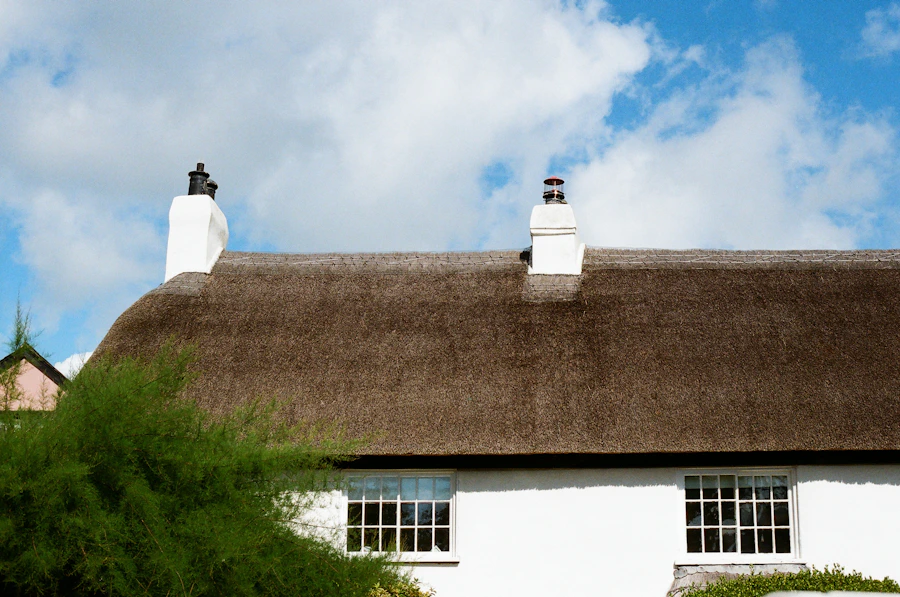 English cottage roof with traditional chimney