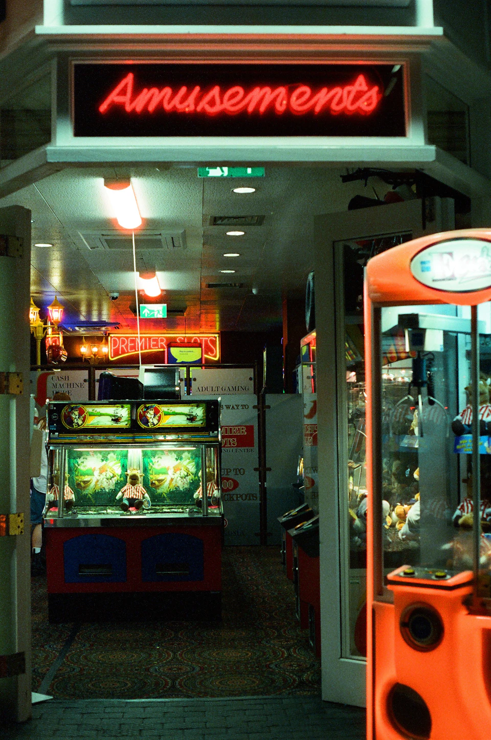 Lively arcade scene with neon "Amusementals" sign above a glass window displaying two games