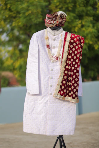 White traditional indian groom's attire with red shawl