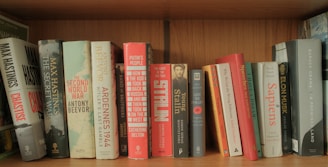A bookshelf filled with various books.