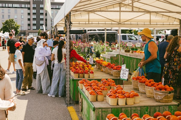 Farmers market community gathering with fresh local produce