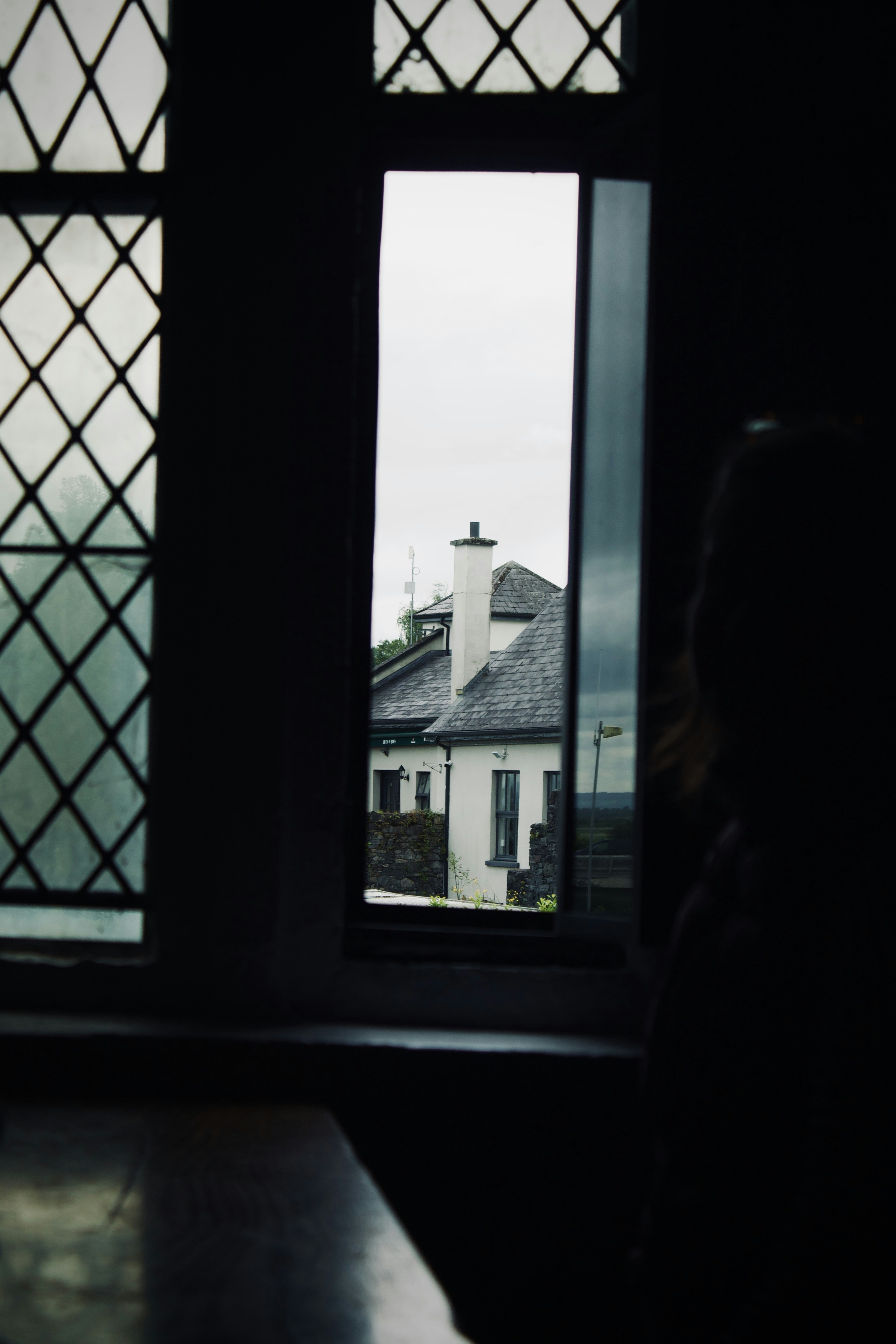 View of a house through a window.