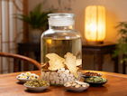 Herbal medicine ingredients in a large glass jar.