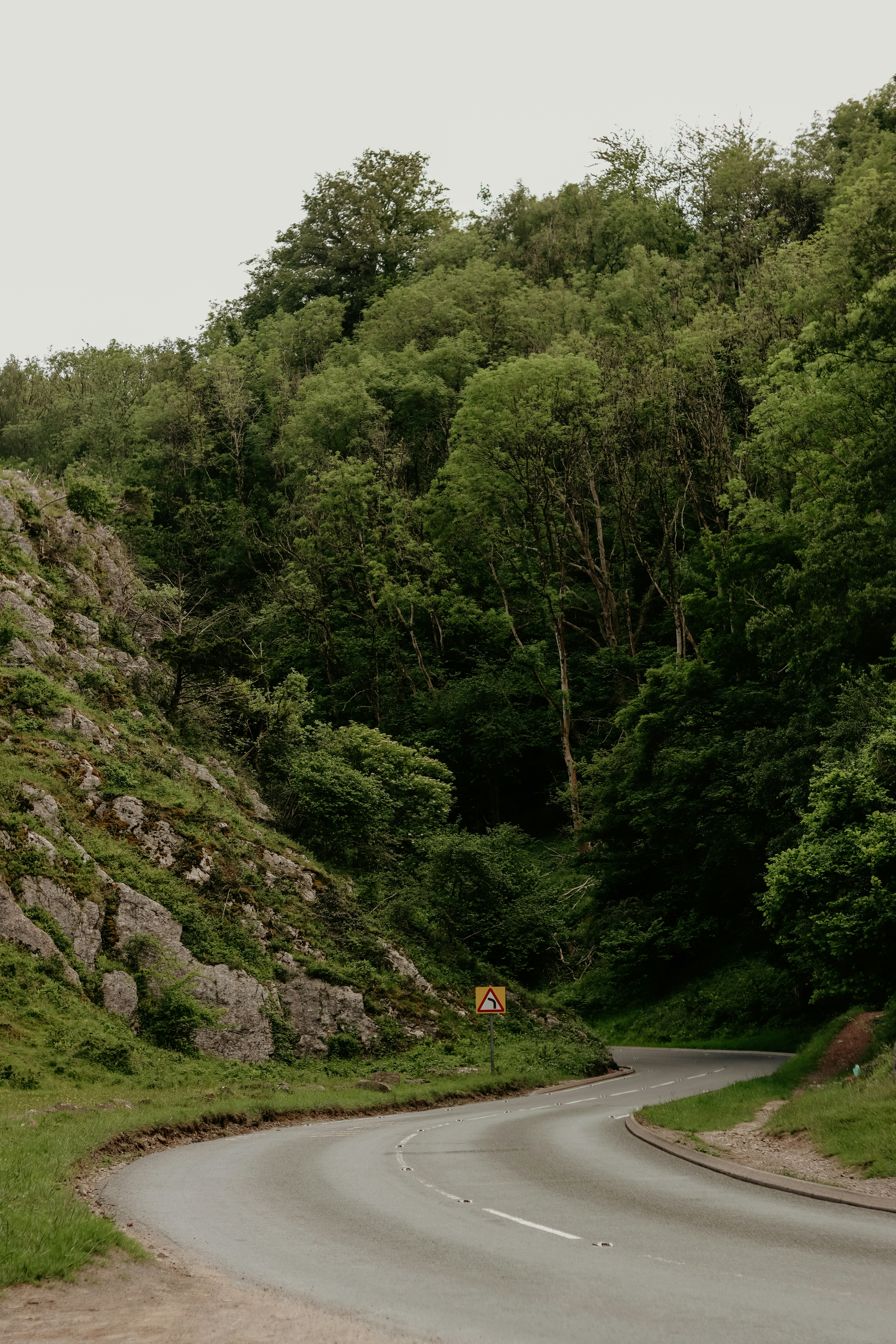 Route sinueuse à travers une forêt verdoyante et une colline rocheuse.