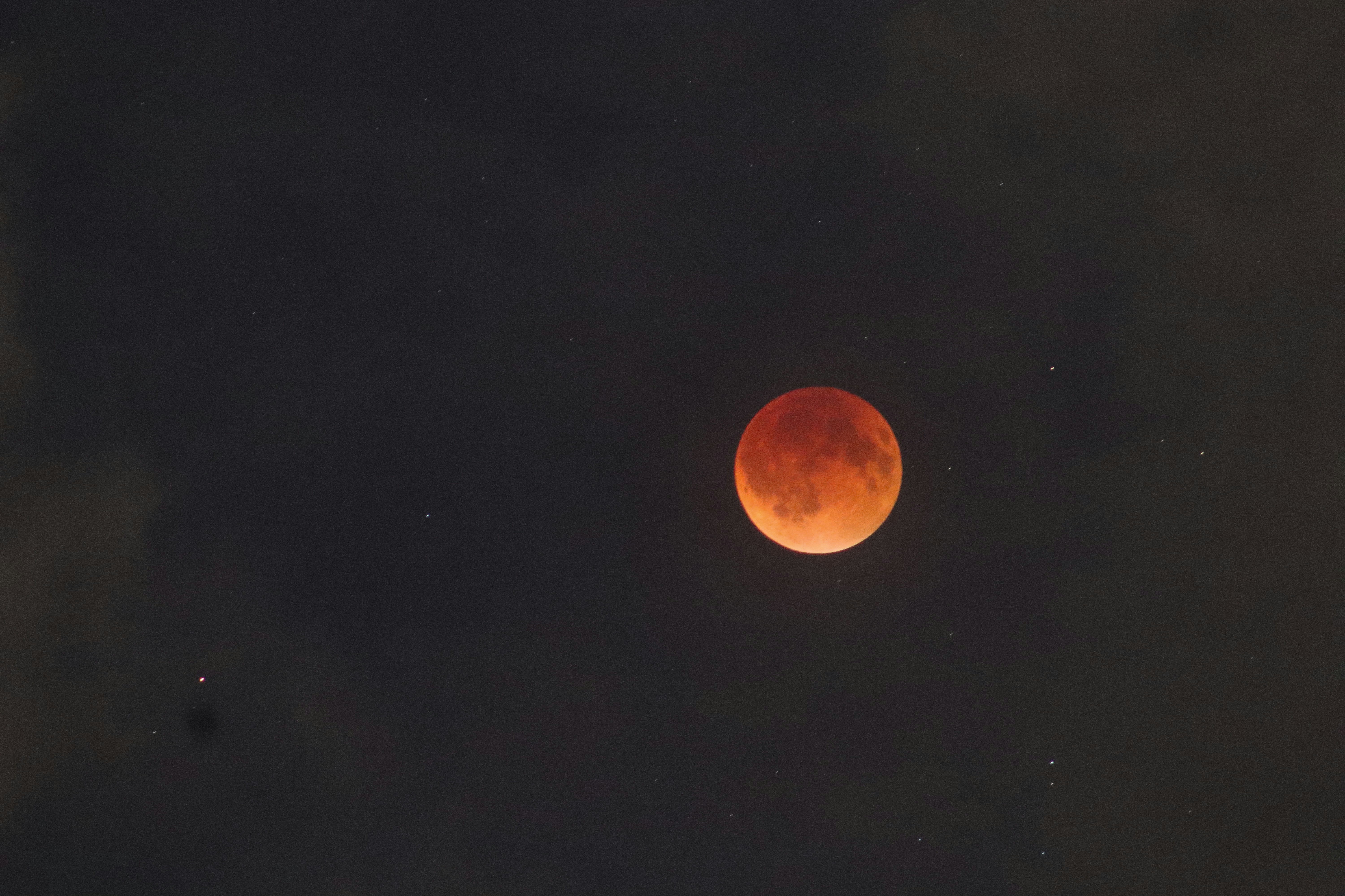 A blood moon illuminates the dark night sky.