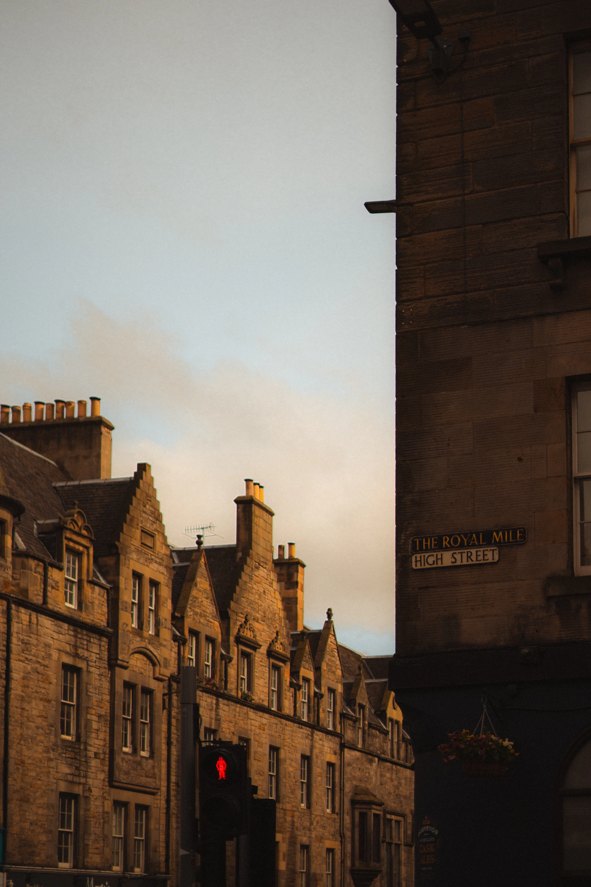 Historic buildings and traffic light on city street